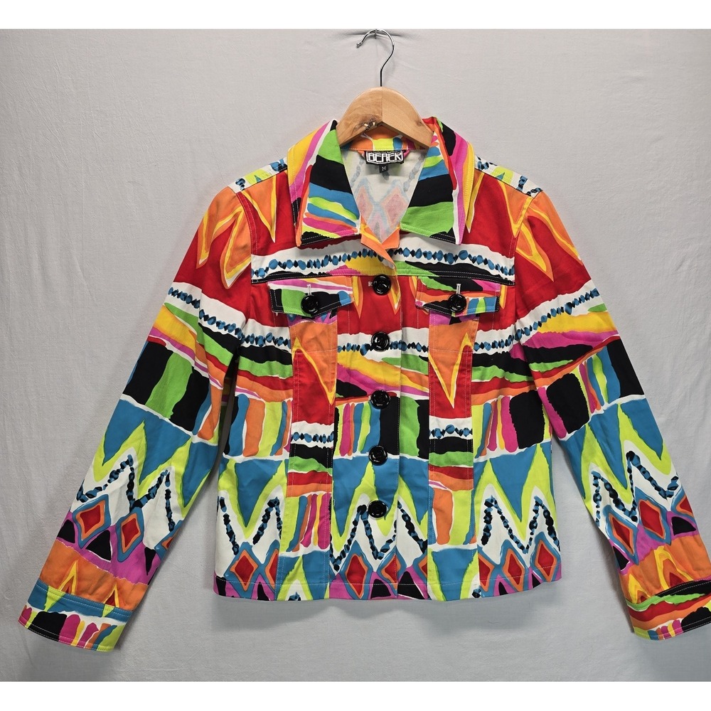 BereK Womens M Colorful Abstract Geometric Art Print Button Jacket Artsy 90s